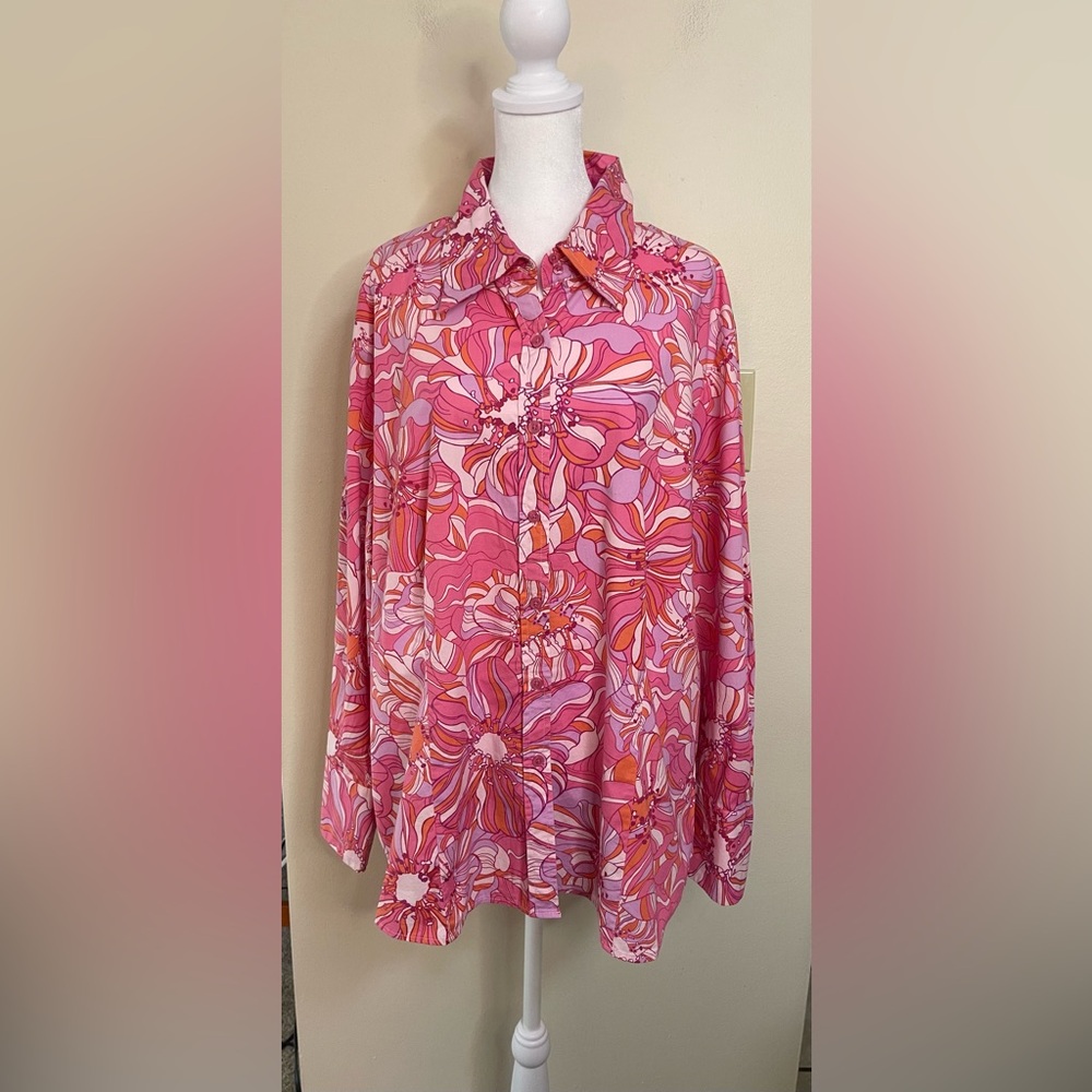 Lane Bryant Women’s Collared Shirt Button Down Pink  Floral Print Size 22/24